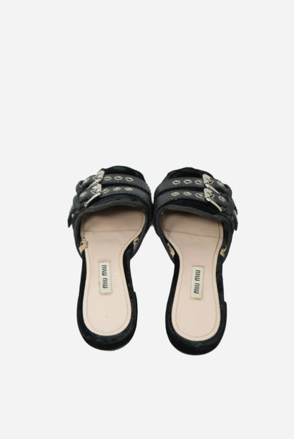 Miu Miu Black Velvet Lace Up Strap Ballet Mules