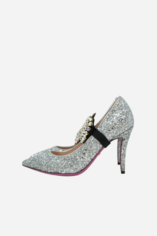 Gucci Glitter Argento Pumps W/removable Heart Crystal