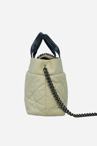 Pre-Owned Chanel 2016–2017 White Calfskin/Tweed Portobello Small Tote Bag