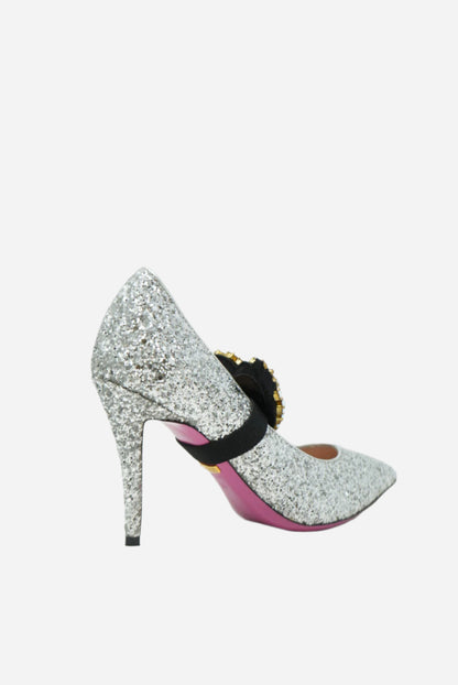 Gucci Glitter Argento Pumps W/removable Heart Crystal