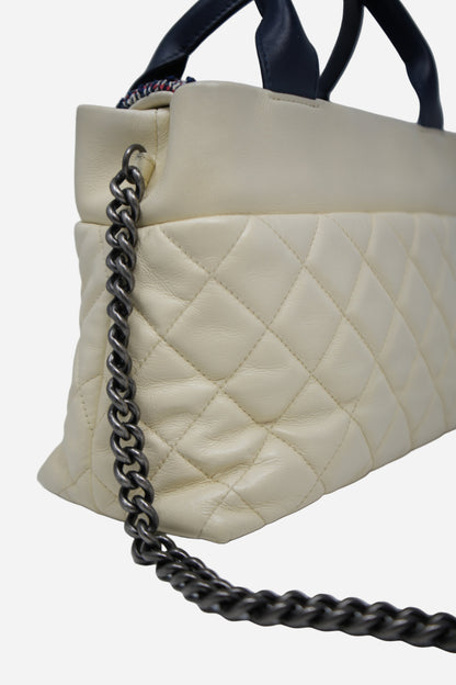 Pre-Owned Chanel 2016–2017 White Calfskin/Tweed Portobello Small Tote Bag