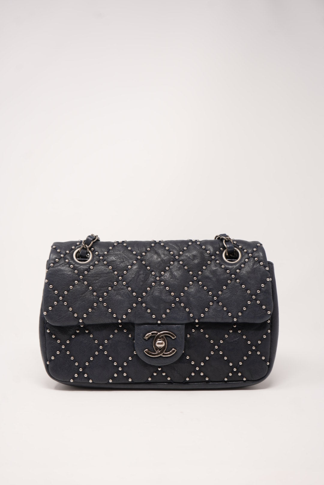 Pre-Owned Chanel Studded Flap Bag Calfskin Dark Blue 2014