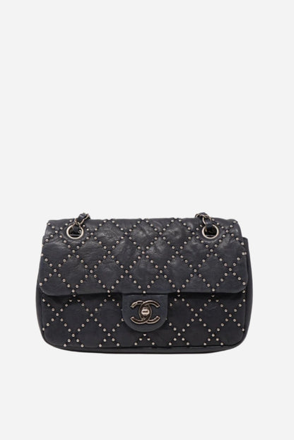 Pre-Owned Chanel Studded Flap Bag Calfskin Dark Blue 2014