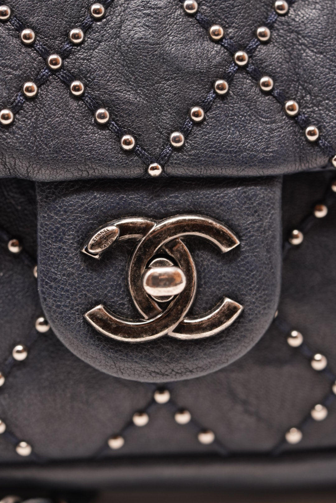 Pre-Owned Chanel 2014 Navy Clafskin Studded Flap Bag