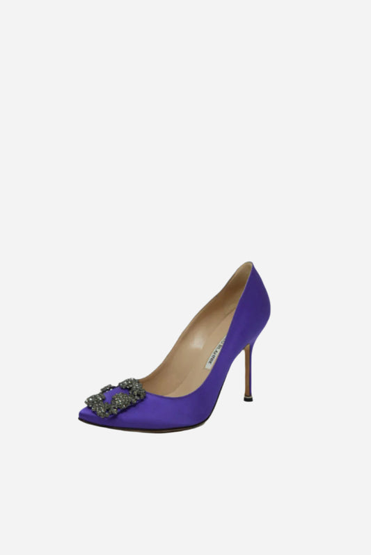 Manolo Blahnik Purple Satin Crystal Heels