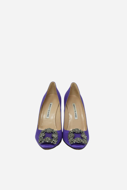 Manolo Blahnik Purple Satin Crystal Heels