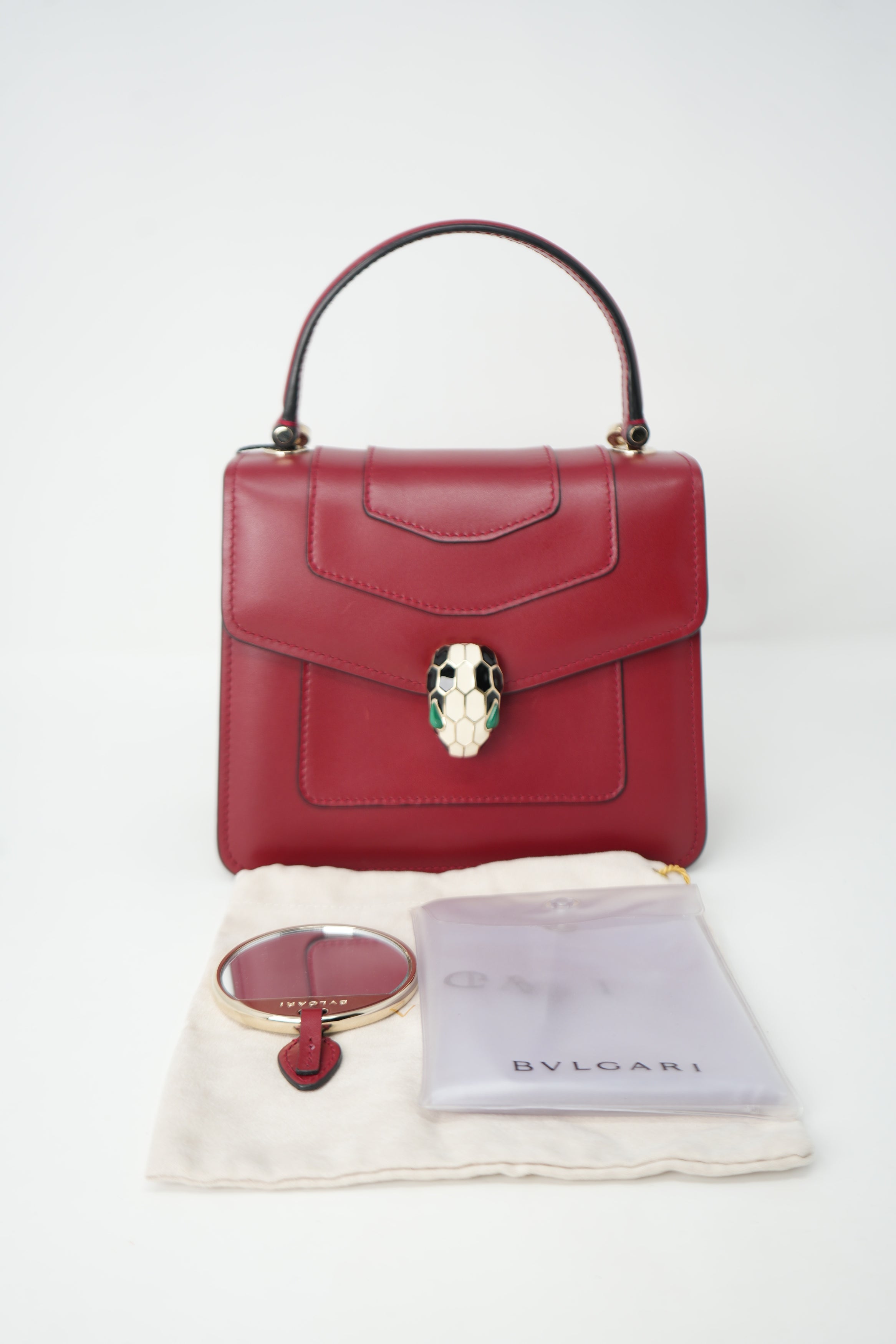 Bvlgari Red Calfskin Serpenti Forever Top Handle Bag With Strap
