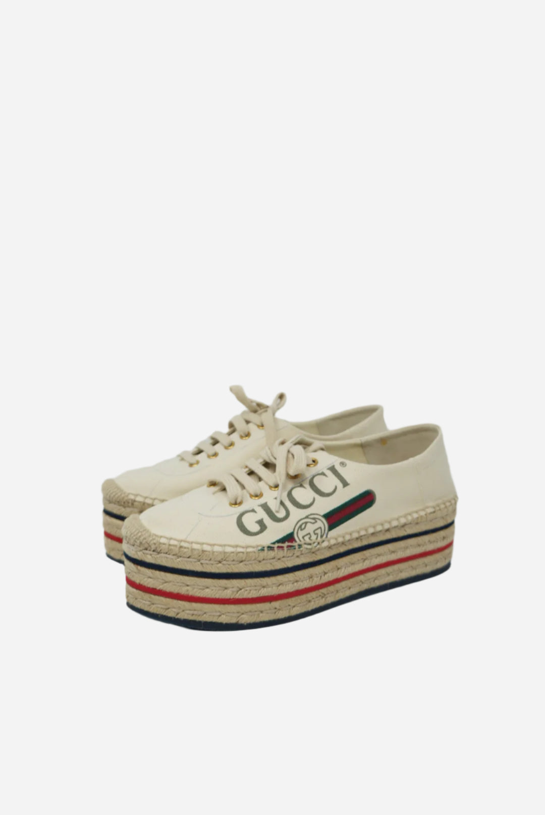 Gucci  White Canvas Printed Flatform Espadrilles