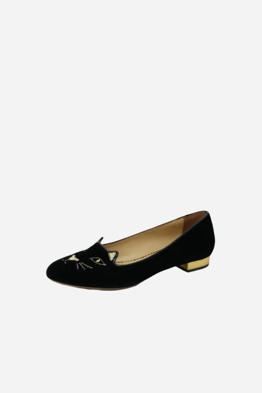 Charlotte Olympia Black Velvet Kitty Flats