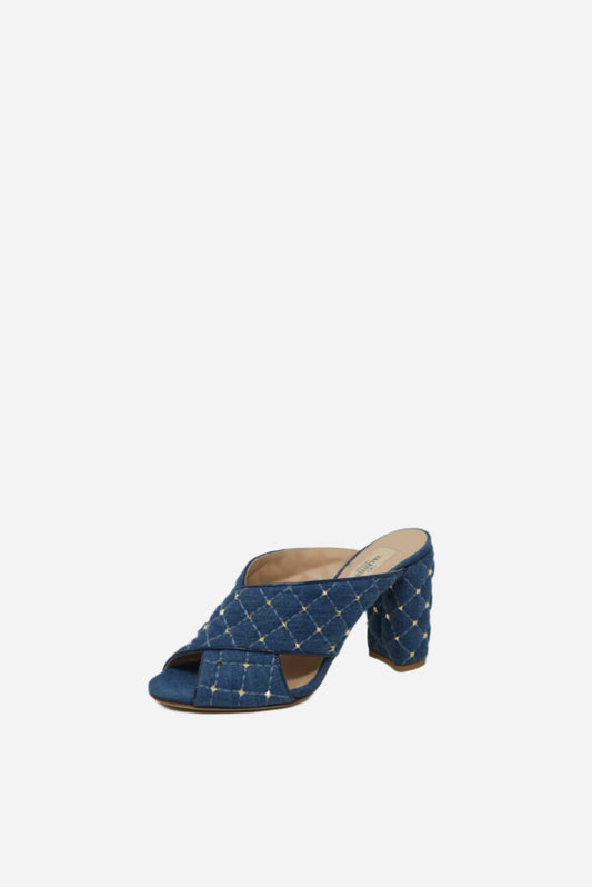 Valentino Garavani Denim Rockstud Spike Crisscross Silde Sandals