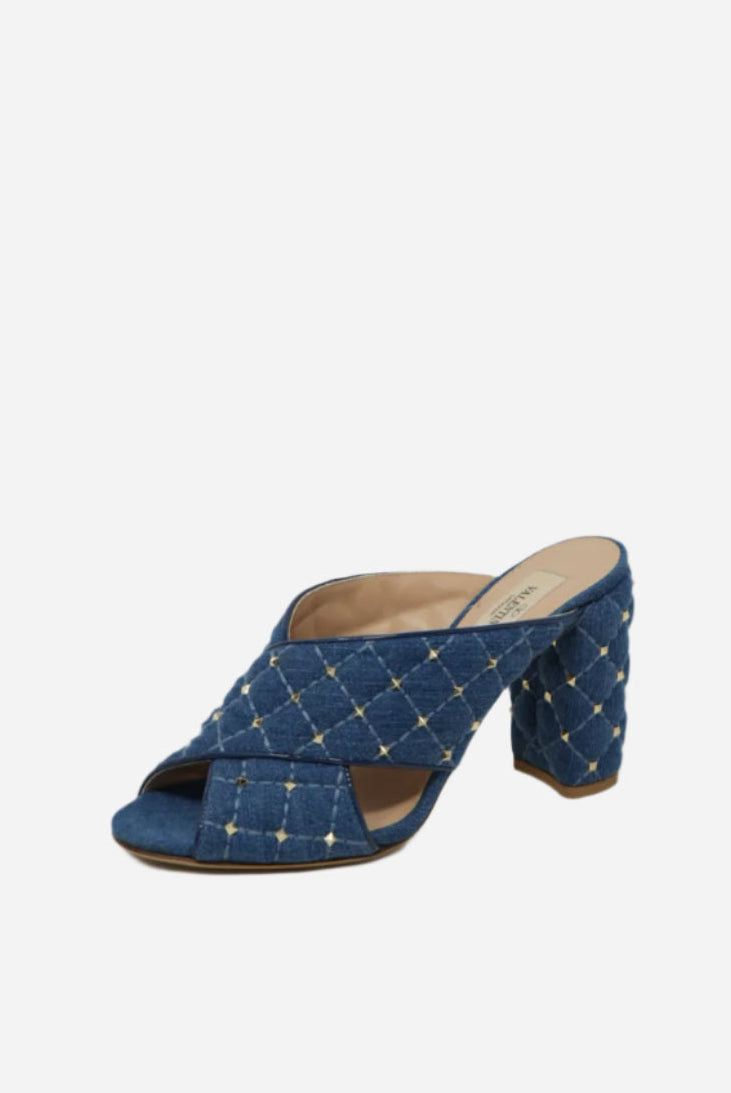Valentino Garavani Denim Rockstud Spike Crisscross Silde Sandals Size 37