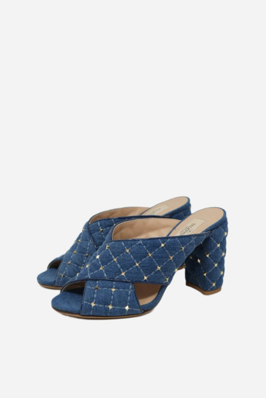 Valentino Garavani Denim Rockstud Spike Crisscross Silde Sandals Size 37