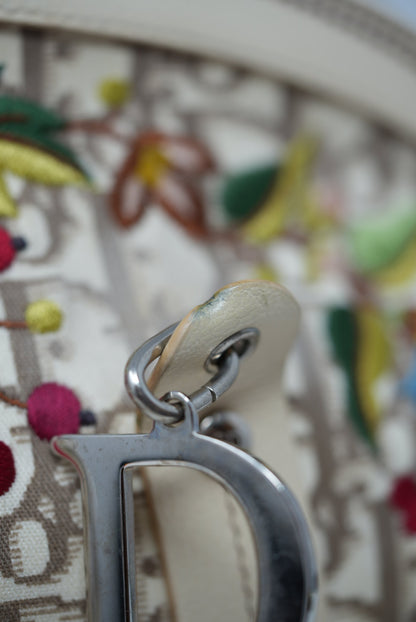 Christian Dior 2005 Ivory Embroidered Trotter Flower Handbag