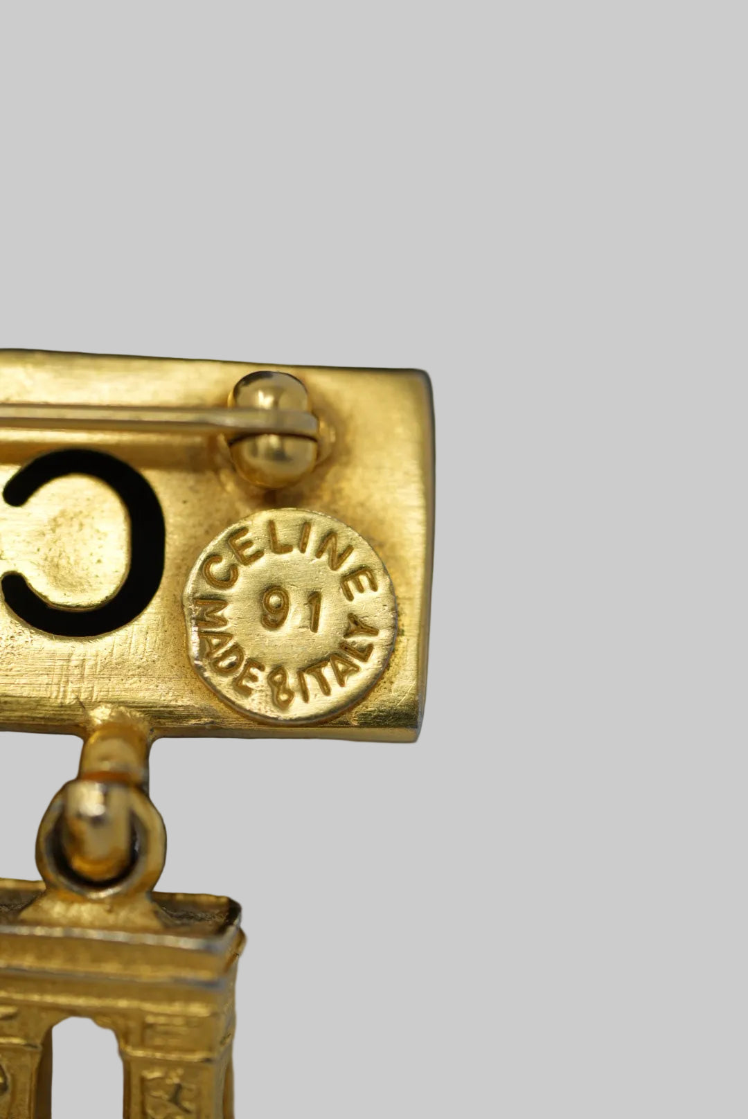 CELINE Vintage Gold Tone Paris Charm Logo Brooch