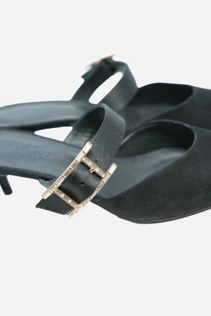 Hermes Black Satin Blink Heels Mules NW Size 36