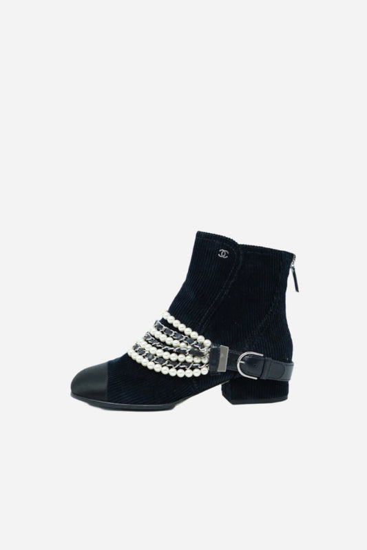 Pre-Owned Chanel Velvet Satin & Faux Pearl Ankle Boots Size 36