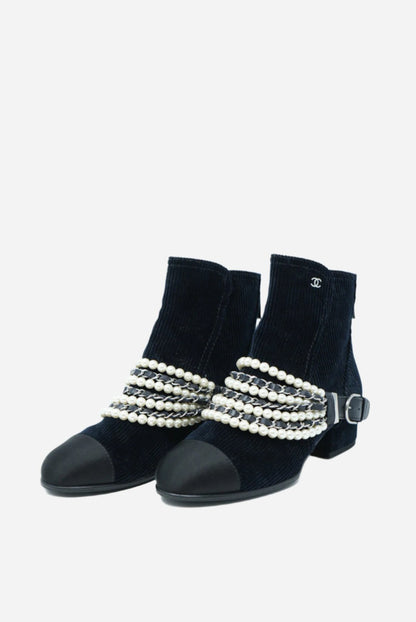 Pre-Owned Chanel Velvet Satin & Faux Pearl Ankle Boots Size 36