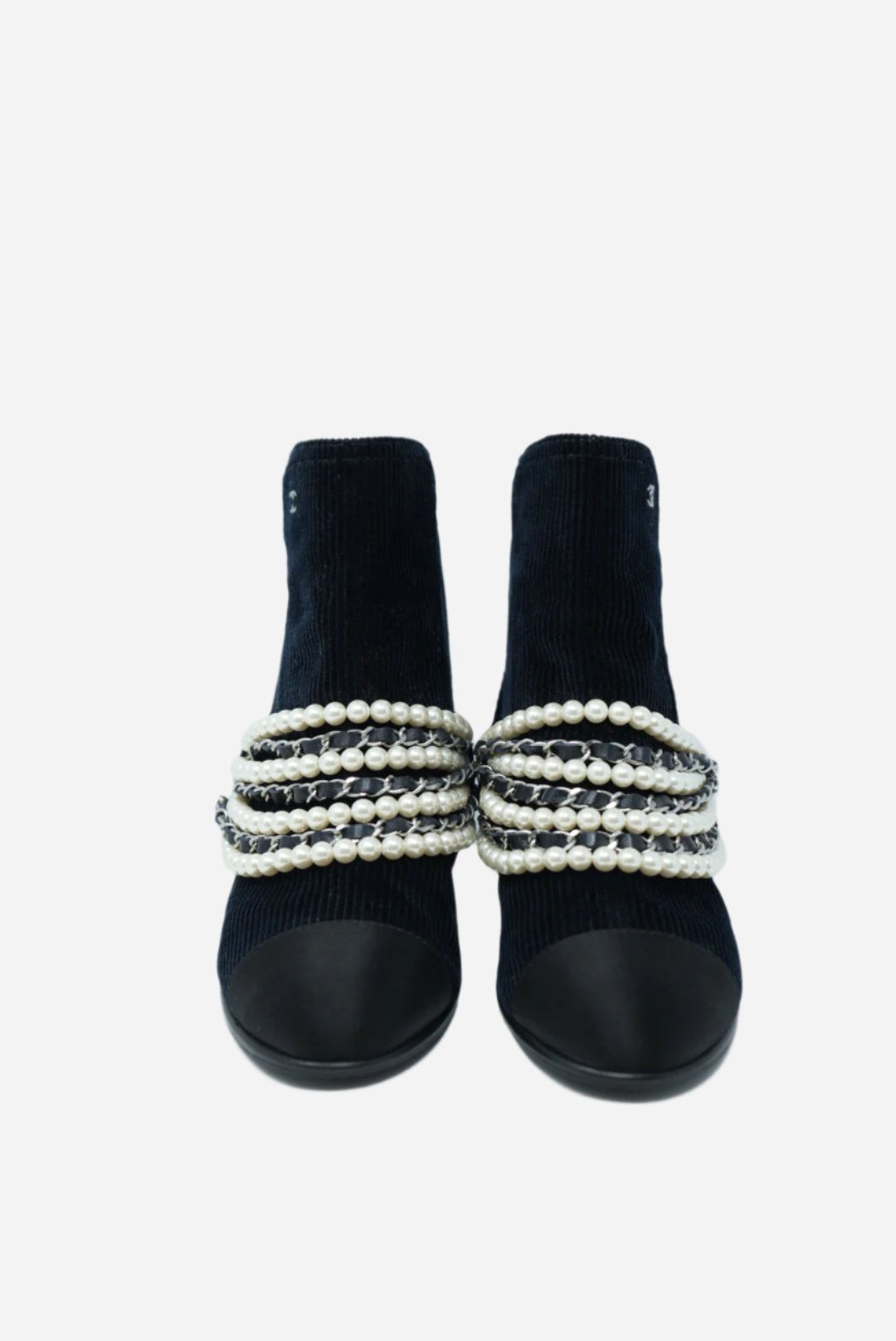 Pre-Owned Chanel Navy Velvet Satin & Faux Pearl Ankle Boots Size 36