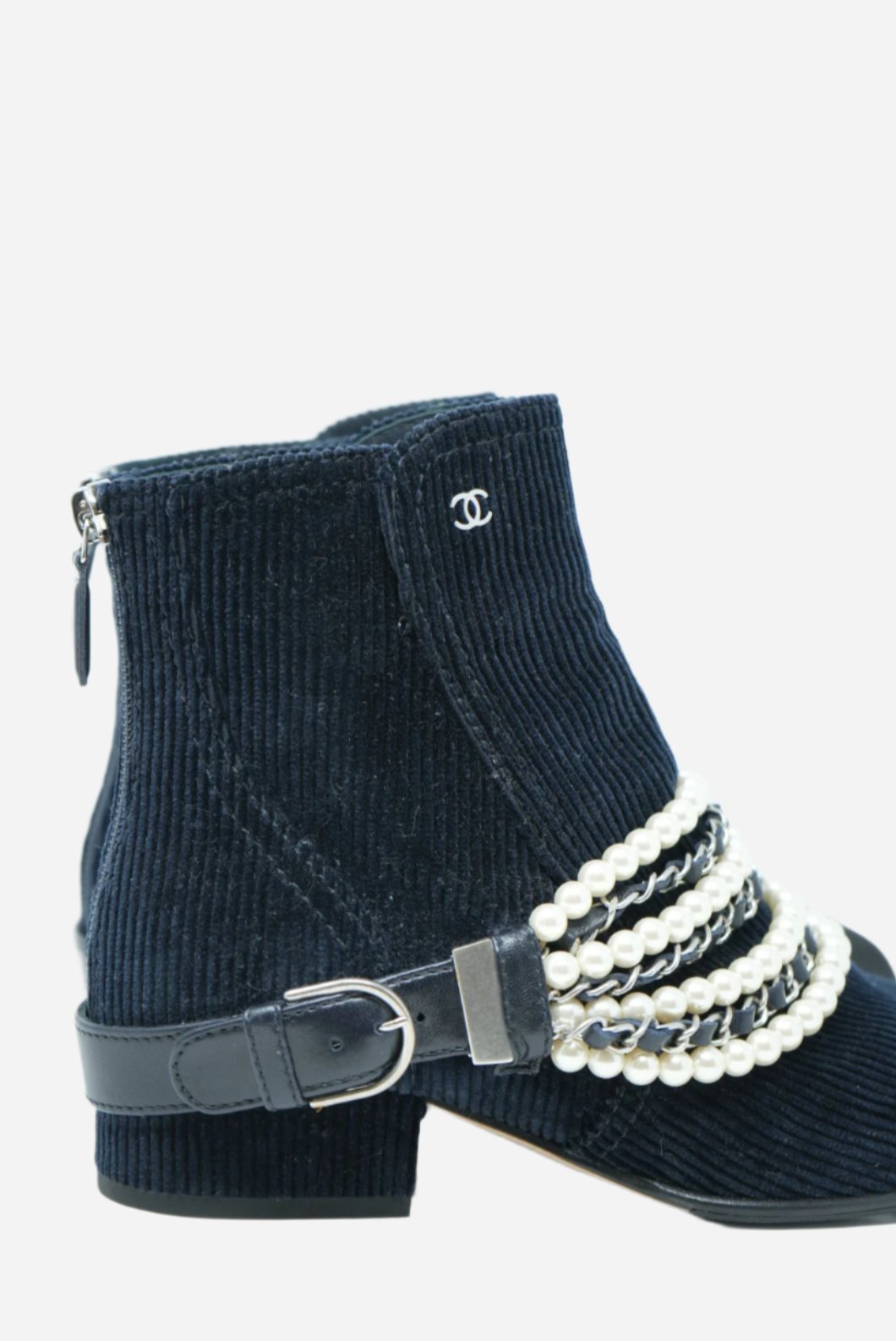 Pre-Owned Chanel Velvet Satin & Faux Pearl Ankle Boots Size 36