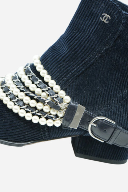 Pre-Owned Chanel Velvet Satin & Faux Pearl Ankle Boots Size 36