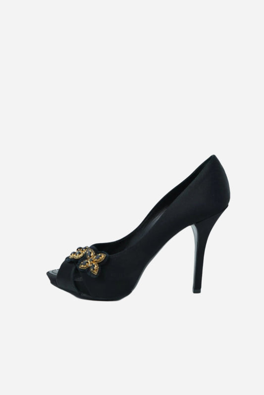 Louis Vuitton black Satin Athen Peep Toe Heels NW Size 35.5