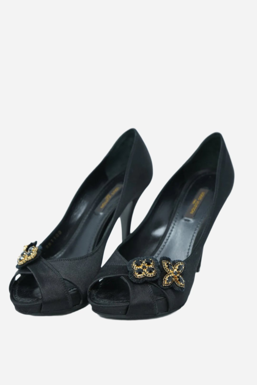 Louis Vuitton black Satin Athen Peep Toe Heels NW Size 35.5