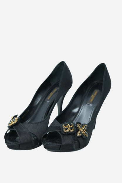 Louis Vuitton black Satin Athen Peep Toe Heels NW Size 35.5