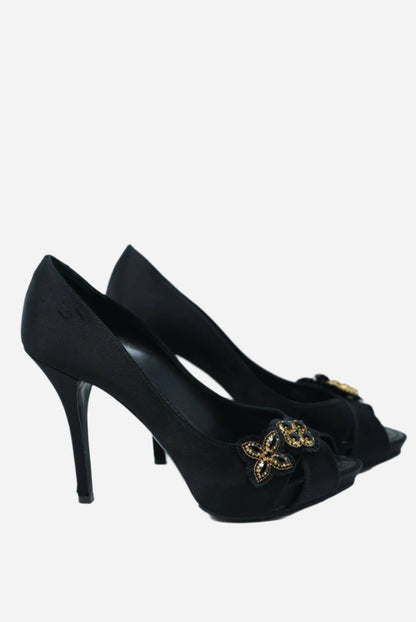 Louis Vuitton black Satin Athen Peep Toe Heels NW Size 35.5