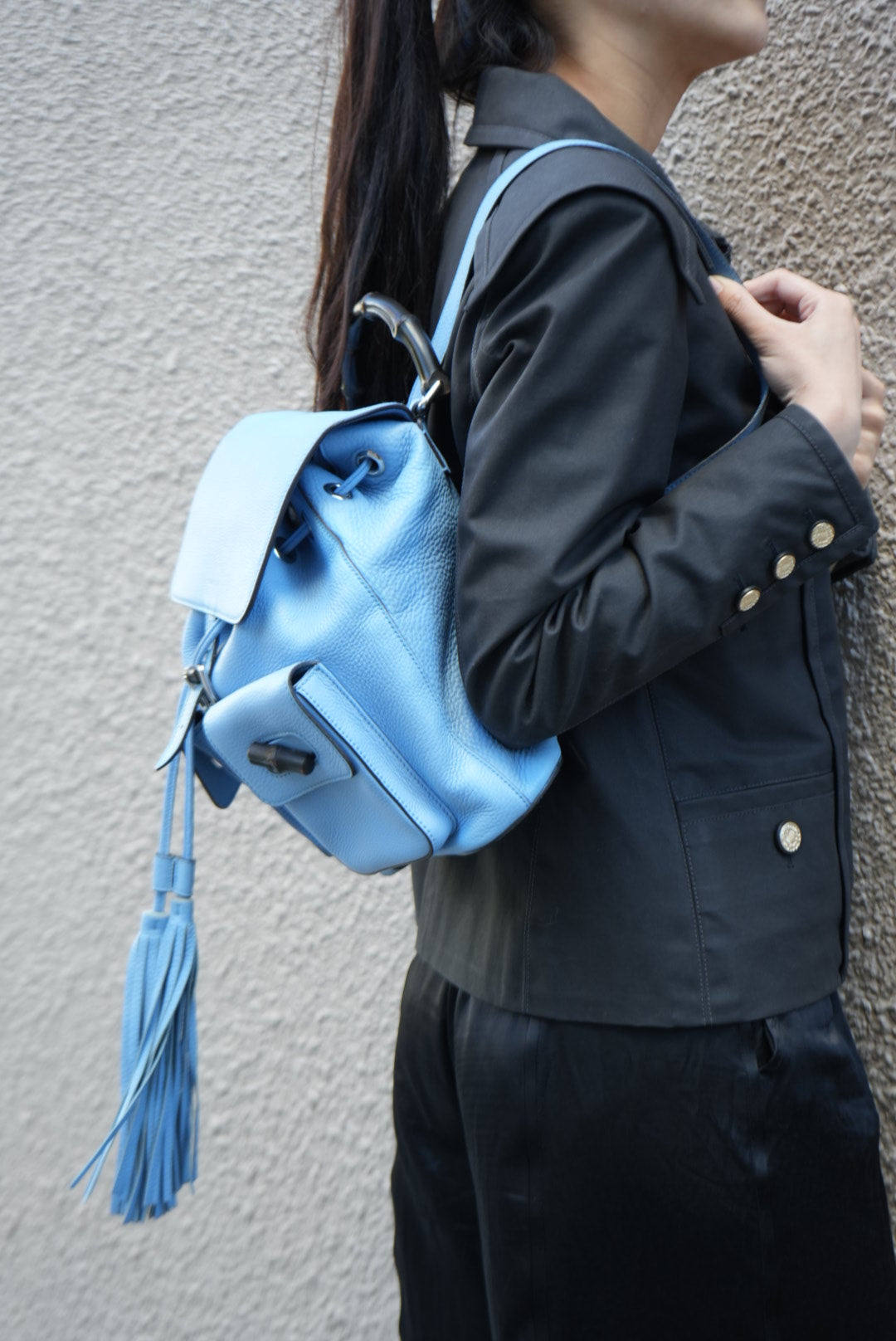 Gucci Blue Calfskin Leather Bamboo Tassel Backpack