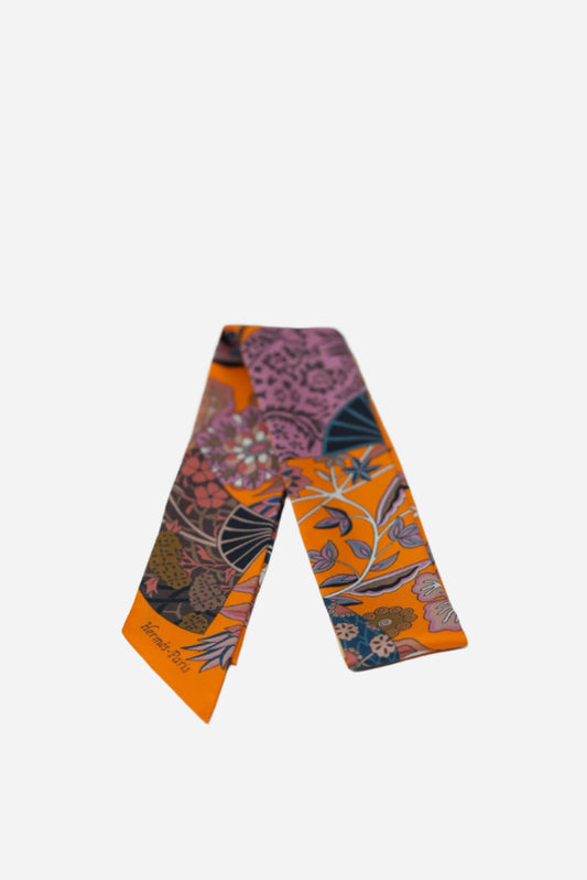 Hermes Orange Fleurs ET Papillons De Tissue Silk Twilly Scarf