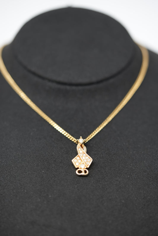 Dior Vintage Gold-Tone Rhinestone Ribbon Necklace