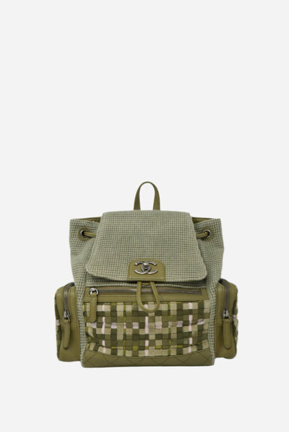 Pre-owned Chanel Tweed Canvas Cuba Pocket Backpack Khaki Green