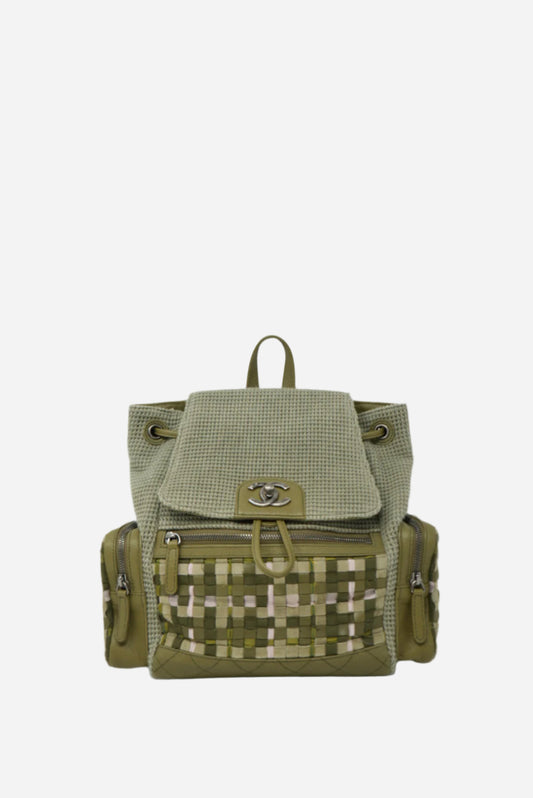 Pre-owned Chanel Tweed Canvas Cuba Pocket Backpack Khaki Green
