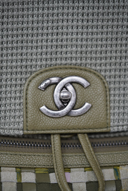 Pre-owned Chanel Tweed Canvas Cuba Pocket Backpack Khaki Green