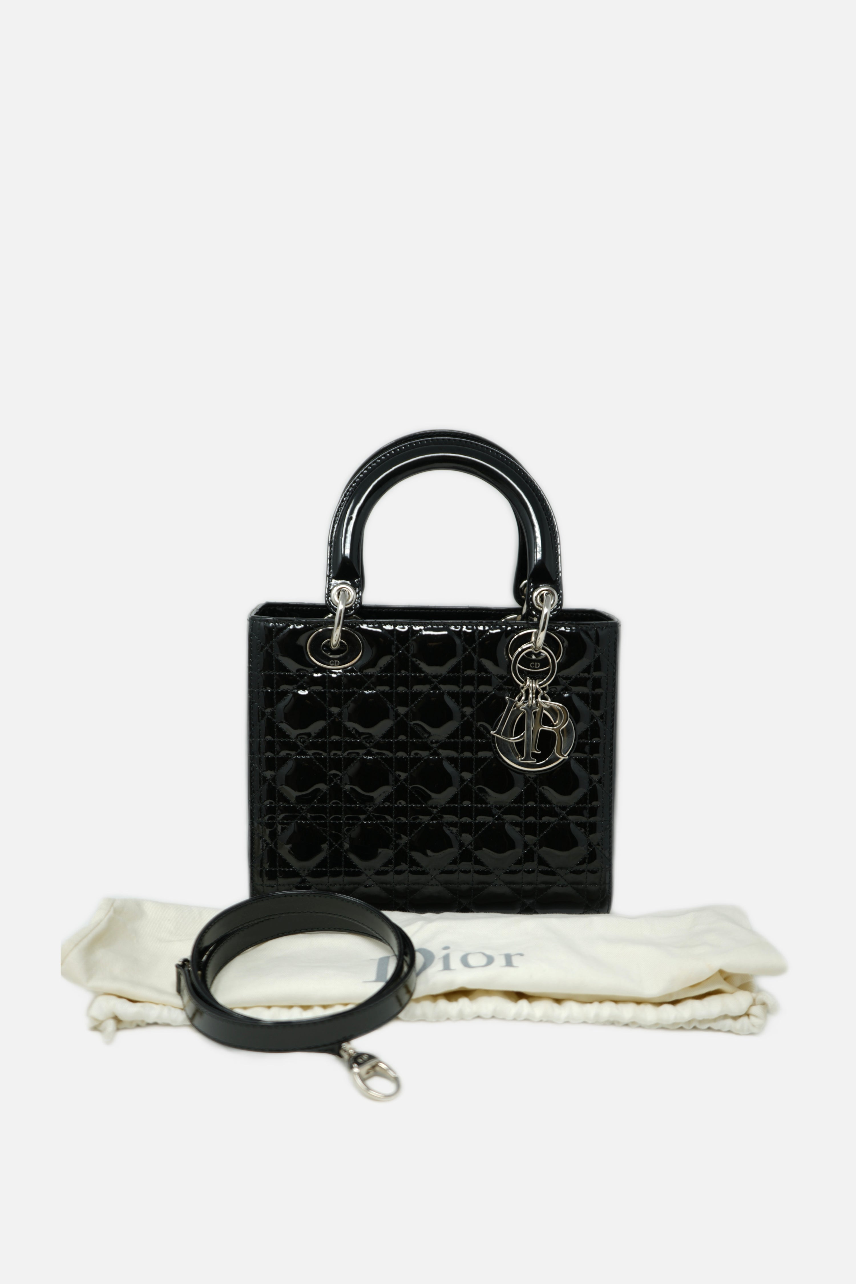 Christian Dior 2014 Black Patent Leather Medium Lady Dior Bag