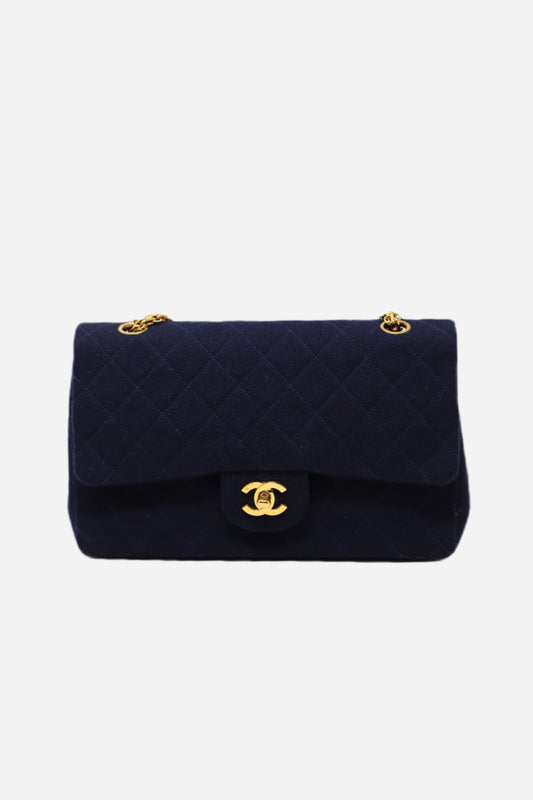 Pre-Owned CHANEL1989-1991 Blue Jersey Classic Double Flap Medium