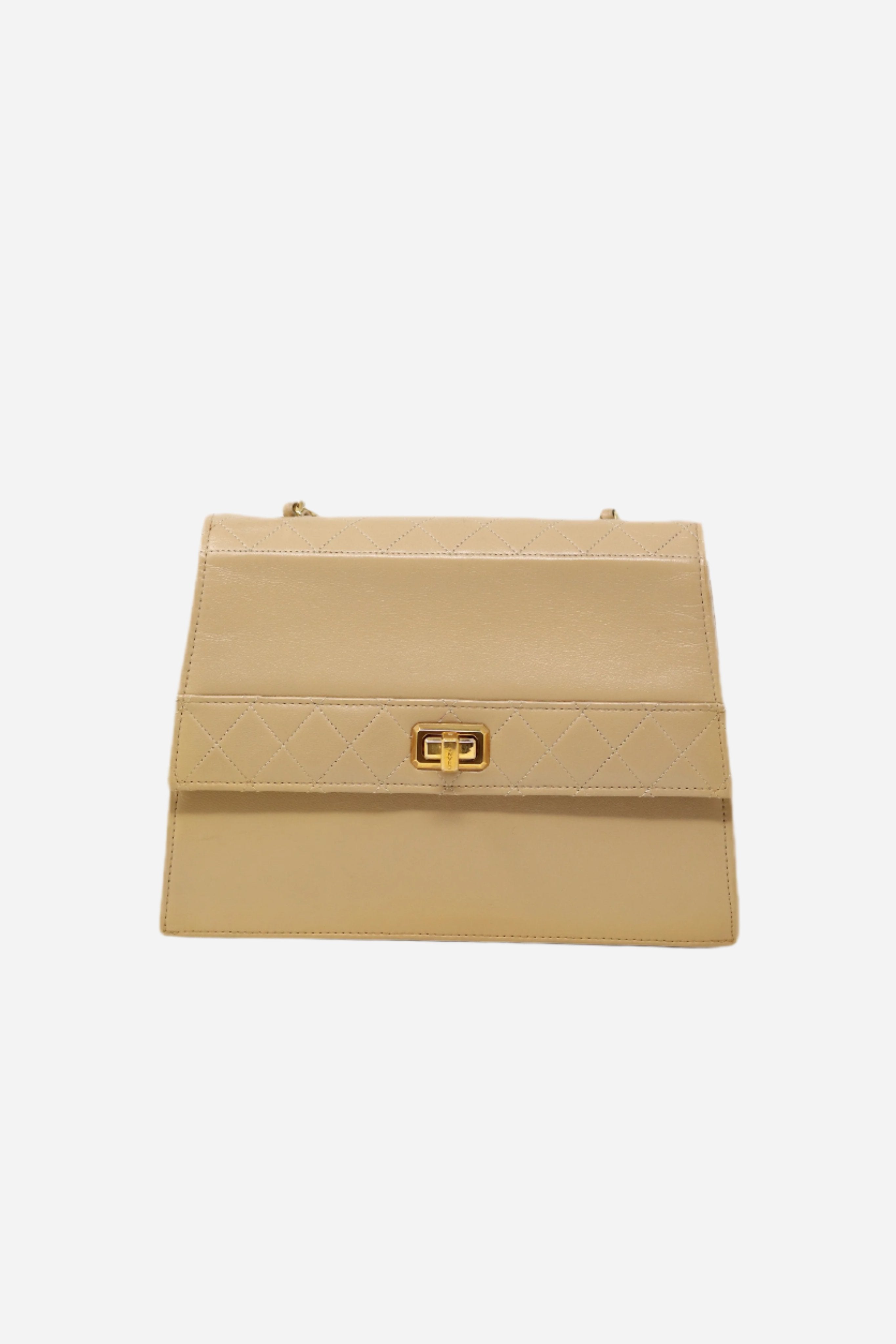 Pre-Owned CHANEL 1989-1991 Beige Lambskin Mademoiselle Lock Trapezoid Flap